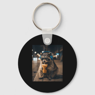 Funny animal meme raccoon drinking iced coffee men keychain