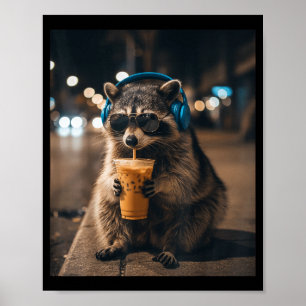Funny animal meme raccoon drinking iced coffee men poster