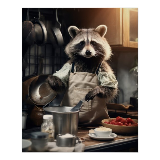Funny Animal Poster Chef Racoon Cooking Wall Art  (Front)