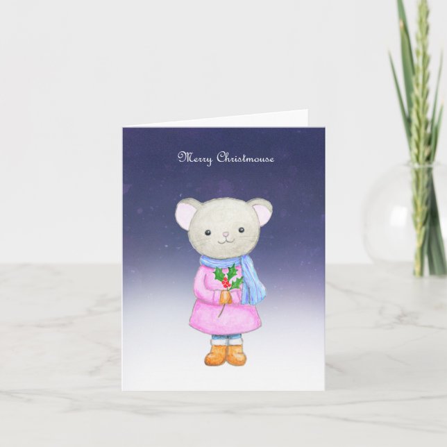 Funny Animal Pun Cute Mouse Girl Merry Christmas Holiday Card (Front)