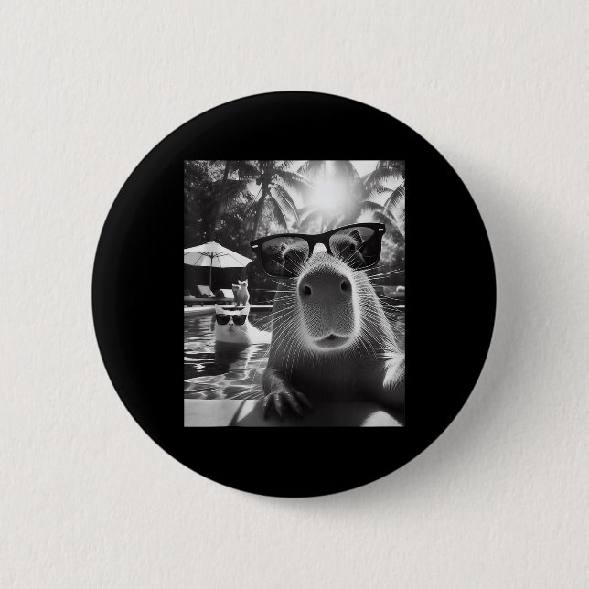 Funny Animal Swimming Pool Capybara Selfie With Ca 2 Inch Round Button (Front)