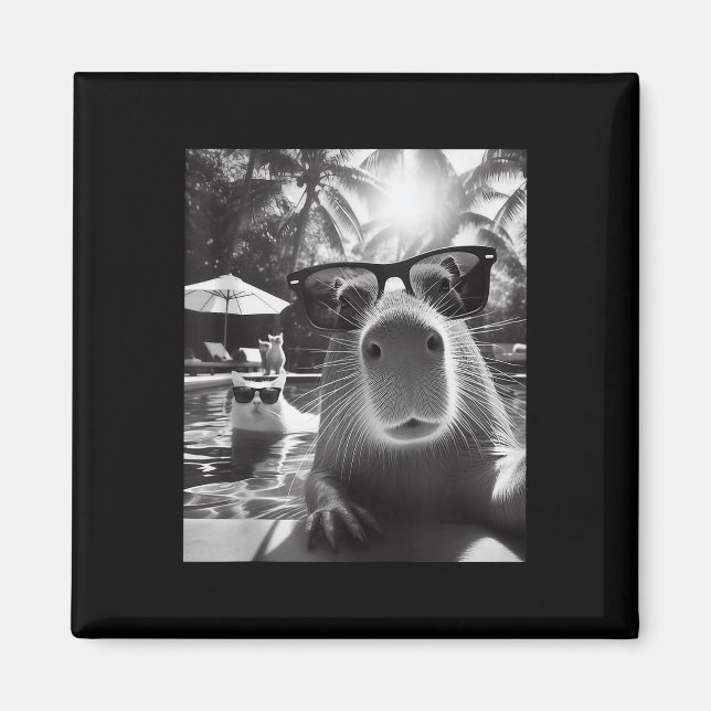 Funny Animal Swimming Pool Capybara Selfie With Ca Magnet (Front)