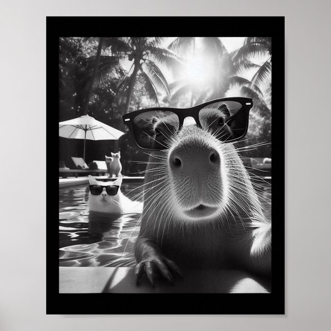 Funny Animal Swimming Pool Capybara Selfie With Ca Poster (Front)