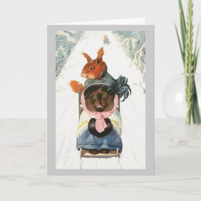Funny Animals Go Sledding - Vintage Christmas Holiday Card (Front)