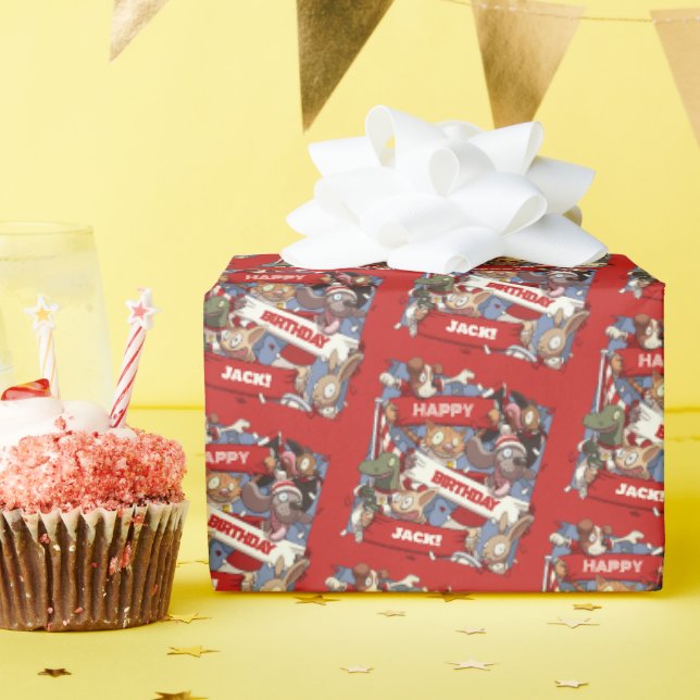 Funny Animals Happy Birthday Add Your Name Cartoon Wrapping Paper (Birthday Party)