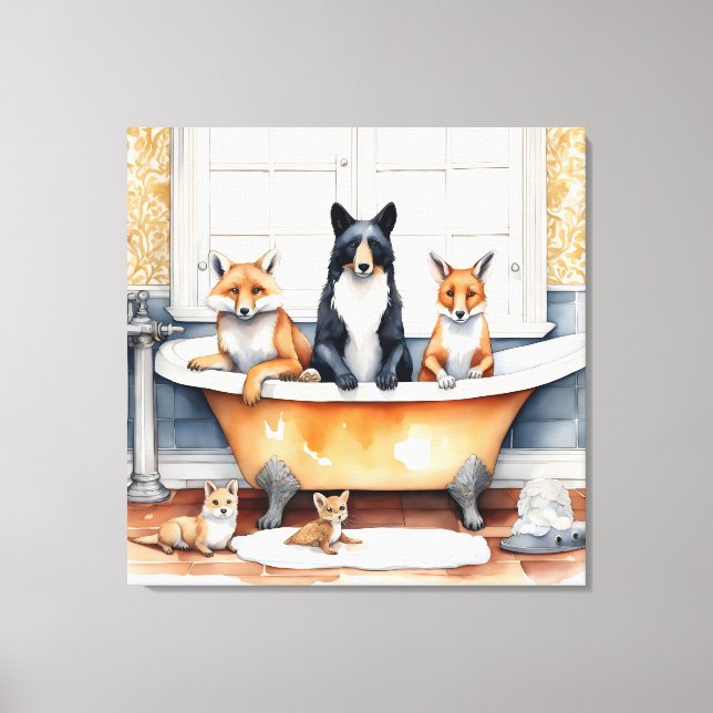 Funny animals in bath canvas print (Front)