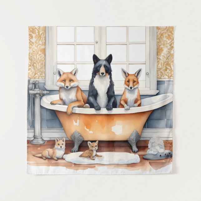 Funny animals in bath tapestry (Front)