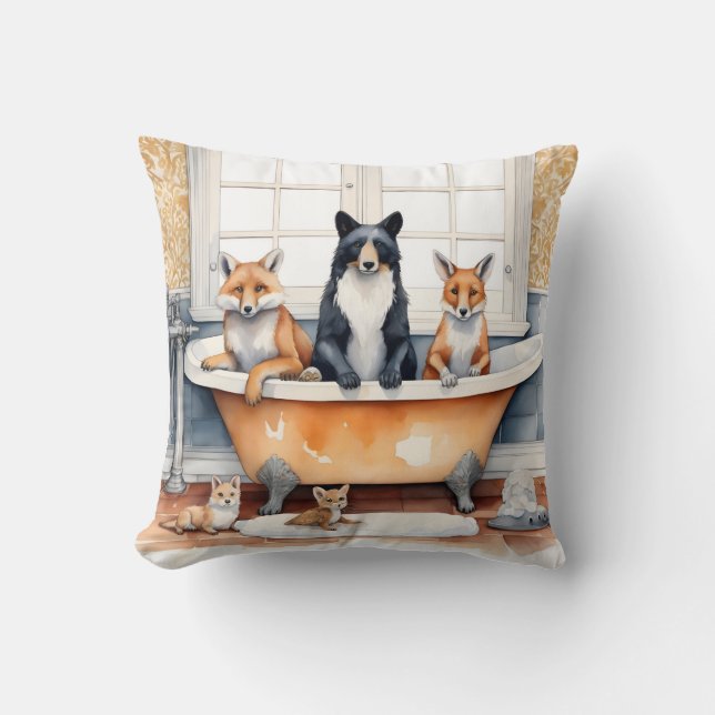 Funny animals in bath throw pillow (Front)