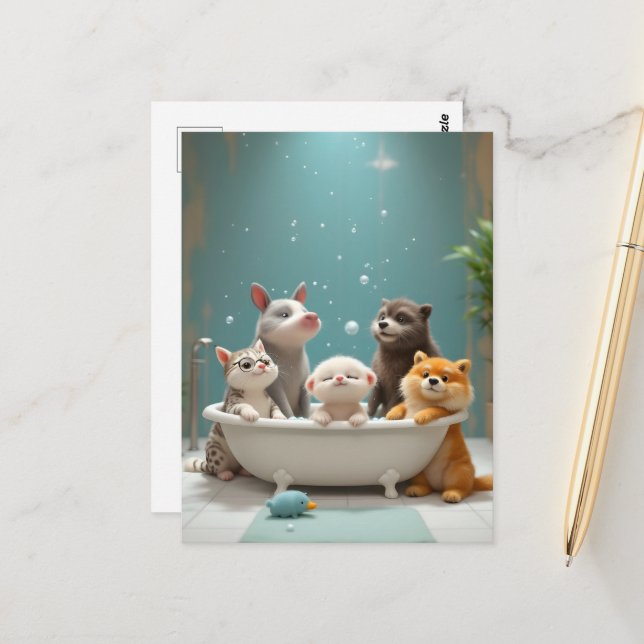 Funny animals in bathtub postcard (Front/Back In Situ)