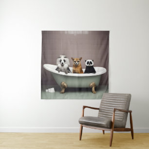 Funny animals sitting in bathtub in bathroom tapestry