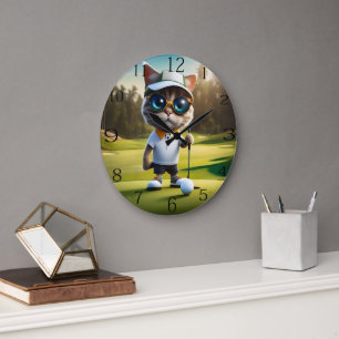 Funny Animated Cat Golf Player,  Large Clock