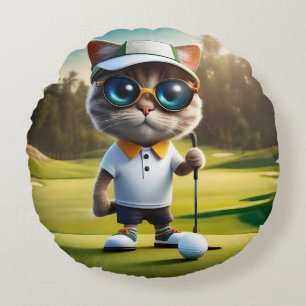 Funny Animated Cat Golf Player, Round Pillow