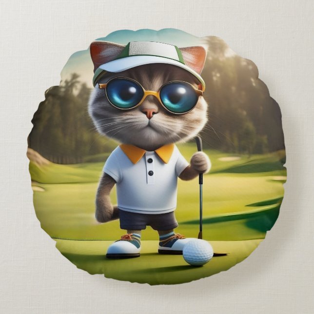 Funny Animated Cat Golf Player, Round Pillow (Front)