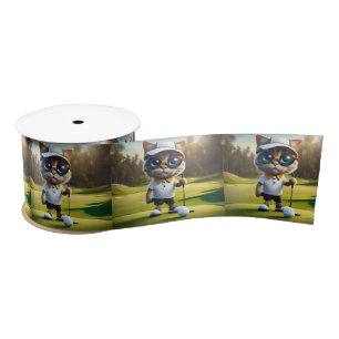 Funny Animated Cat Golf Player, Satin Ribbon