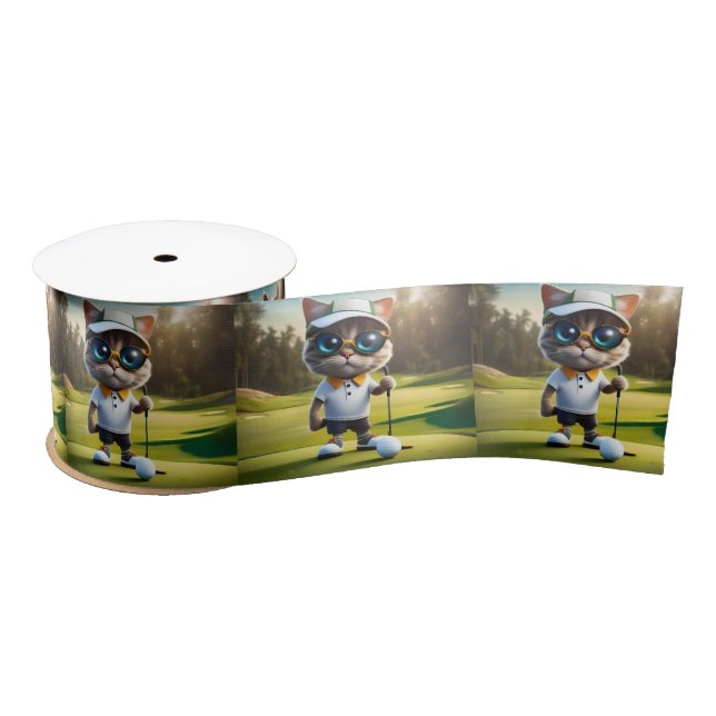 Funny Animated Cat Golf Player, Satin Ribbon (Spool)