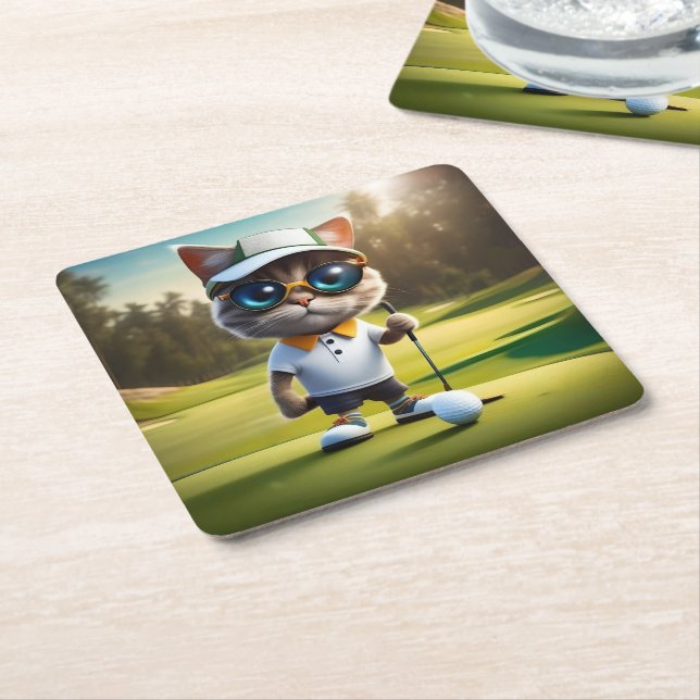 Funny Animated Cat Golf Player, Square Paper Coaster (Angled)