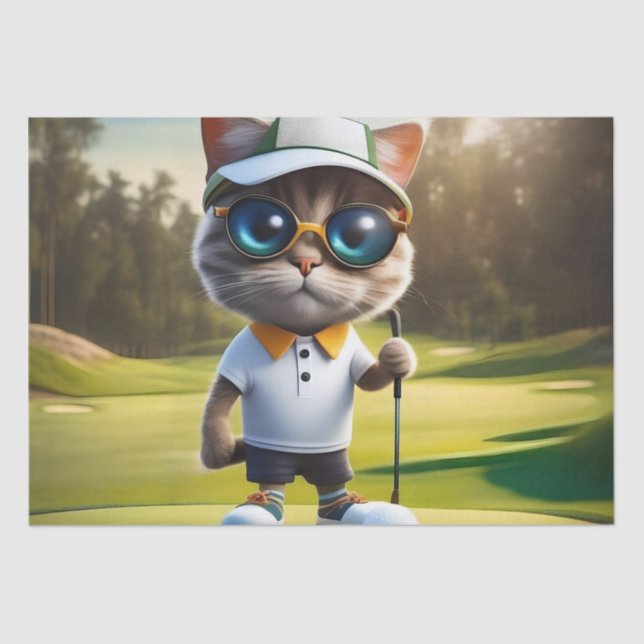 Funny Animated Cat Golf Player, Tissue Paper (Front)