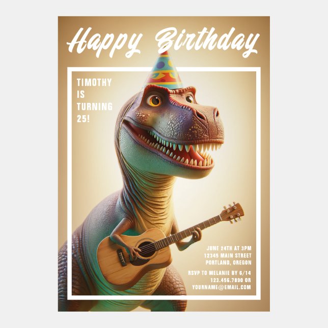 Funny Animated Dinosaur Guitar Birthday Invitation (Front)