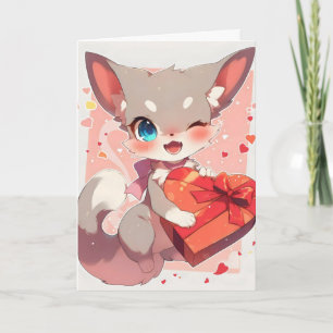 Funny Anime Animal and Heart Holiday Card