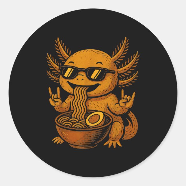 Funny Anime Kawaii Axolotl Eating Ramen Graphic Te Classic Round Sticker (Front)