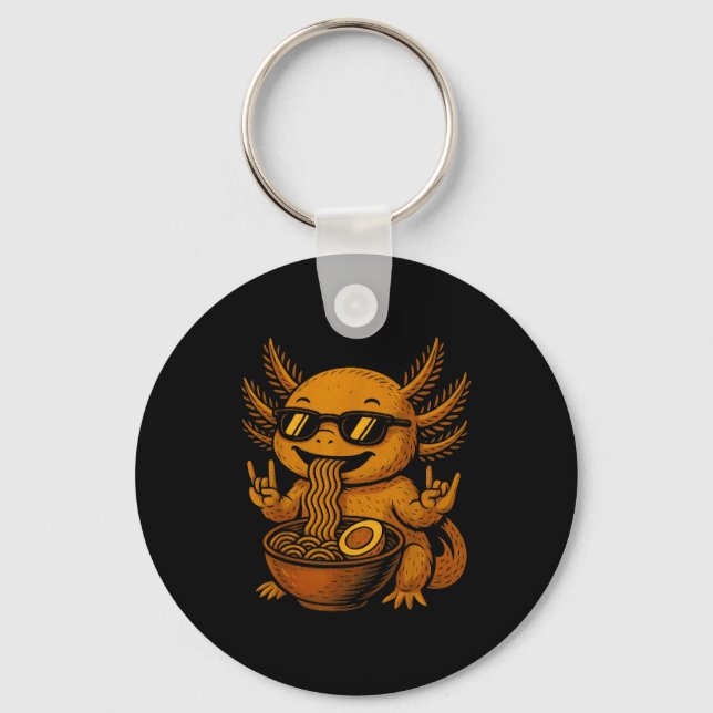 Funny Anime Kawaii Axolotl Eating Ramen Graphic Te Keychain (Front)