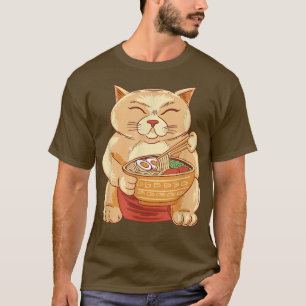 Funny Anime Sumo Cat Eats Ramen Noodles Kawaii in  T-Shirt