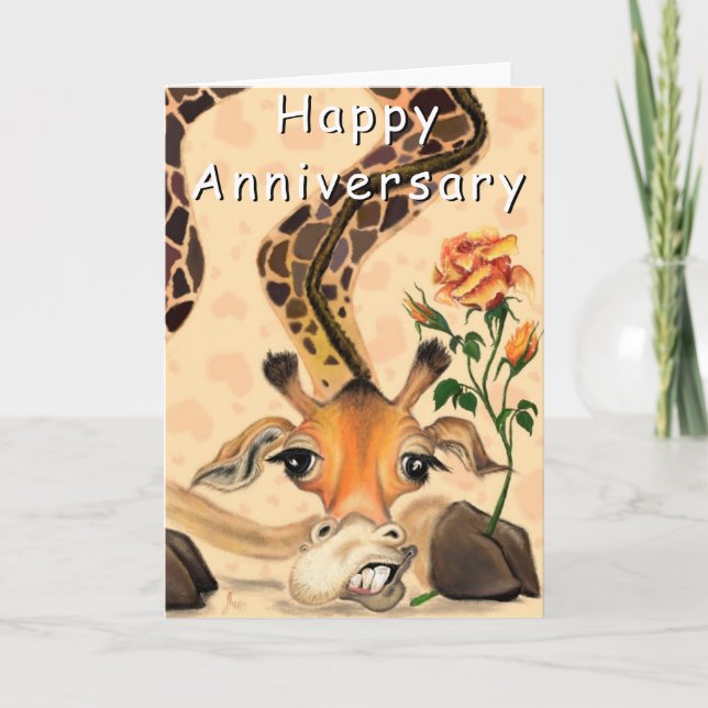 Funny Anniversary Card Giraffe with Rose (Front)