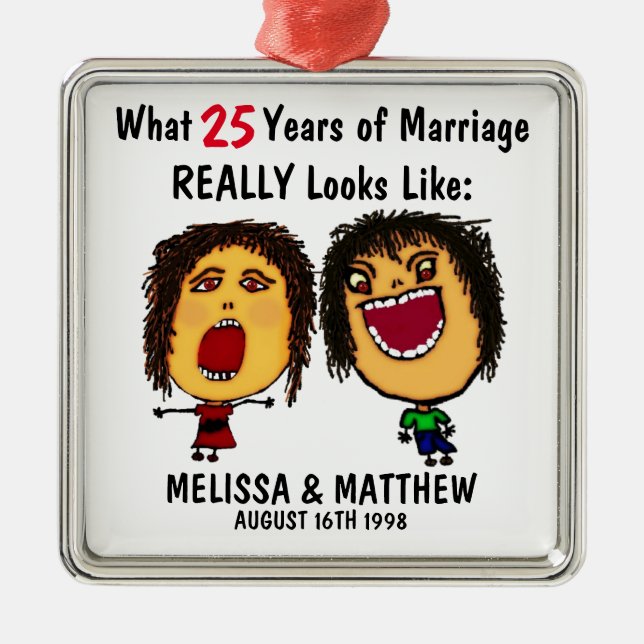 Funny Anniversary Couple Cartoon Metal Ornament (Front)