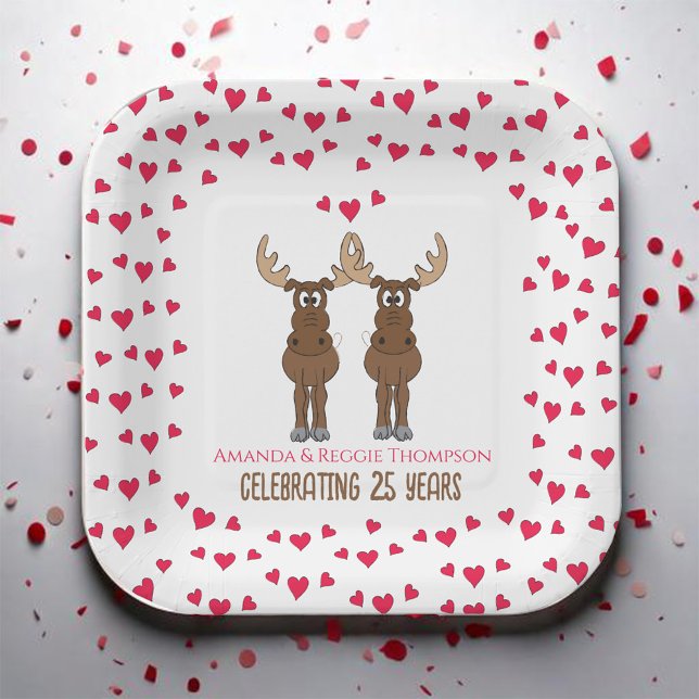 Funny Anniversary Personalized Paper Plate (Whimsical Moose Anniversary Party Paper Plate)