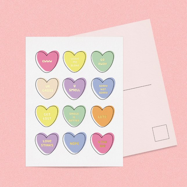 Funny Anti Valentine's Day Candy Hearts Foil Holiday Postcard (Creator Uploaded)