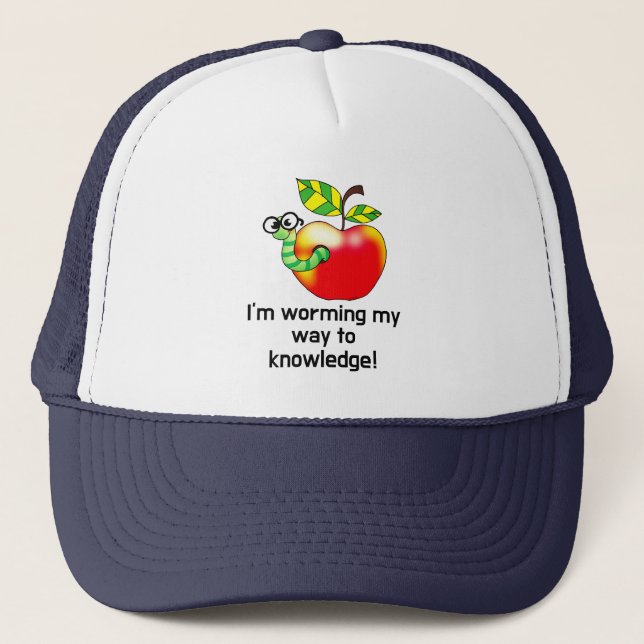 Funny apple and worm education pun art trucker hat (Front)