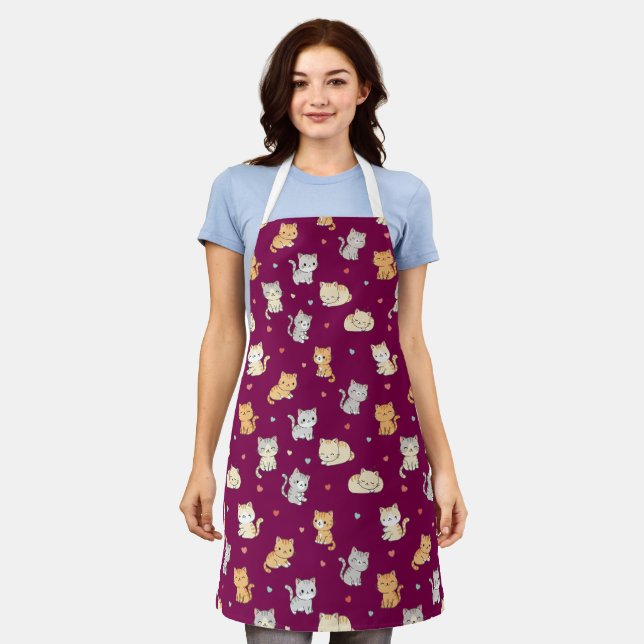 Funny Apron For Cat Lover Kawaii Cat Pattern (Worn)
