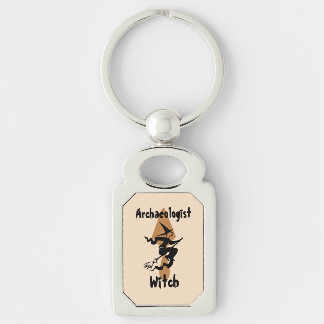 Funny Archaeologist Witch on a Broom and Trowel Keychain (Front)