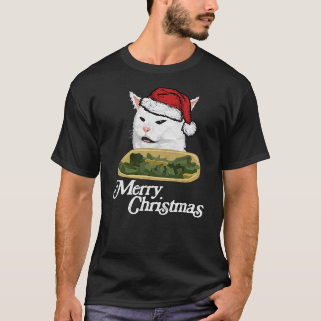 Funny Arguing White Cat Meme in Santa Hat Christma T-Shirt (Front)