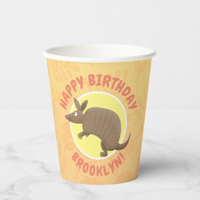 Funny armadillo happy birthday cartoon paper cups (Front)
