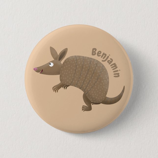 Funny armadillo happy cartoon illustration 2 inch round button (Front)
