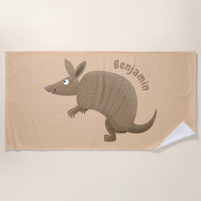 Funny armadillo happy cartoon illustration beach towel (Front)