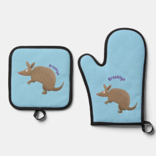 Funny armadillo happy cartoon illustration oven mitt & pot holder set