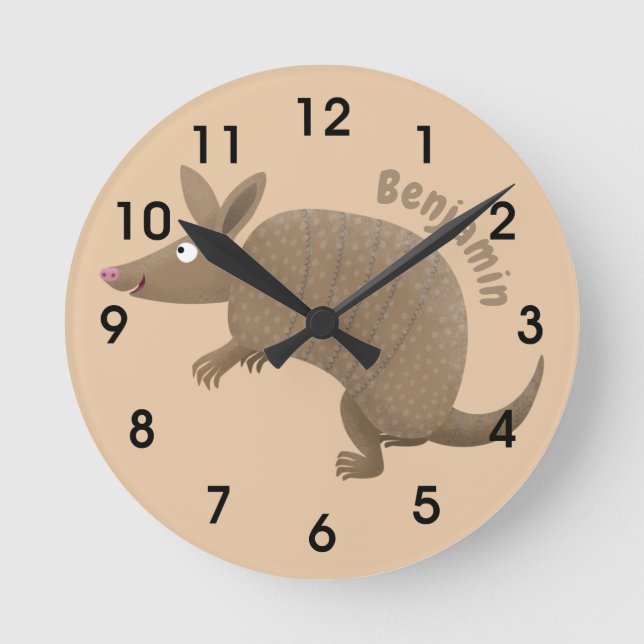 Funny armadillo happy cartoon illustration round clock (Front)
