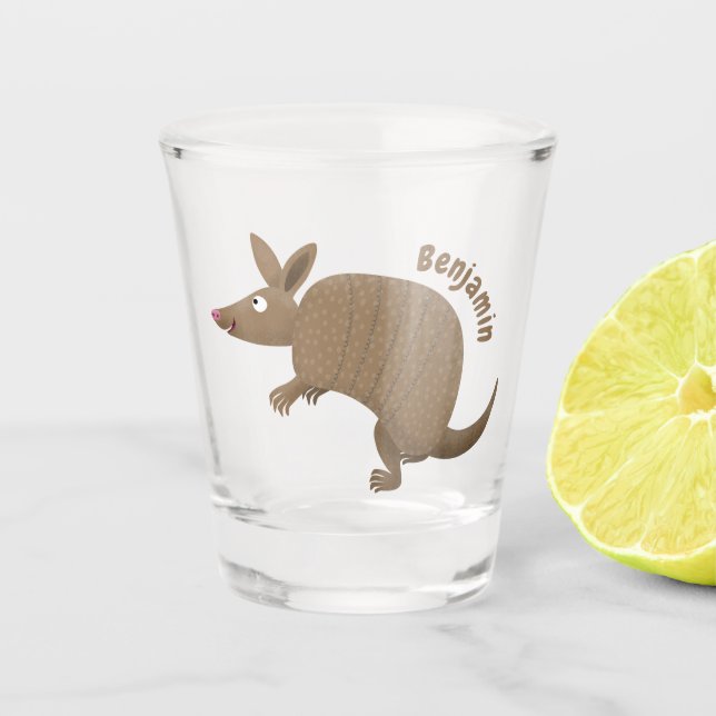 Funny armadillo happy cartoon illustration  shot glass (Front)