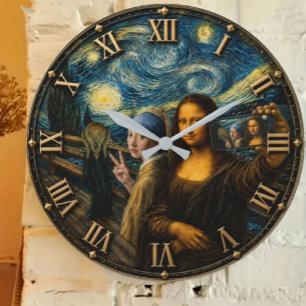 Funny Art Selfie Mona Lisa Large Clock