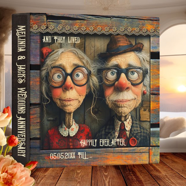 Funny Artistic Wedding Anniversary Binder (Funny wedding anniversary binder showing a colorful painting of an old couple framed by rustic wood)
