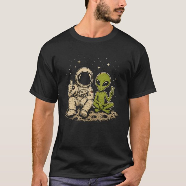 Funny Astronaut And Friendly Alien Moon Adventure T-Shirt (Front)