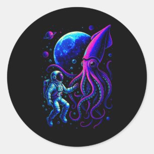 Funny Astronaut And Squid In Underwater Space With Classic Round Sticker