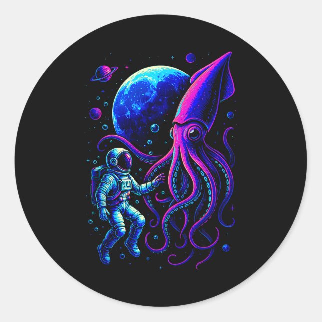 Funny Astronaut And Squid In Underwater Space With Classic Round Sticker (Front)