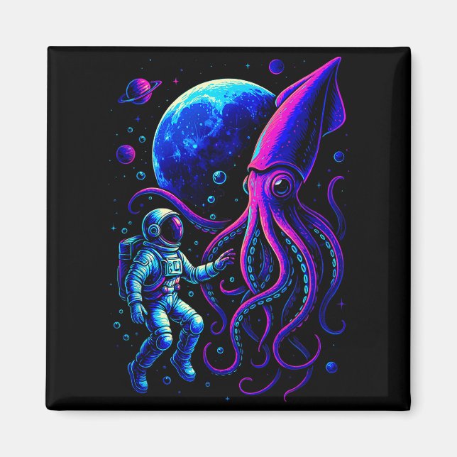 Funny Astronaut And Squid In Underwater Space With Magnet (Front)