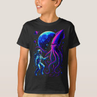 Funny Astronaut And Squid In Underwater Space With