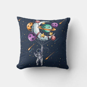 Funny Astronaut Holding a Balloon of Planets Throw Pillow