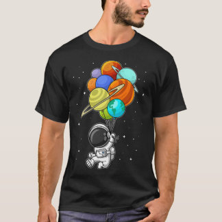 Funny Astronaut Holding Planet Balloons Space Kids T-Shirt