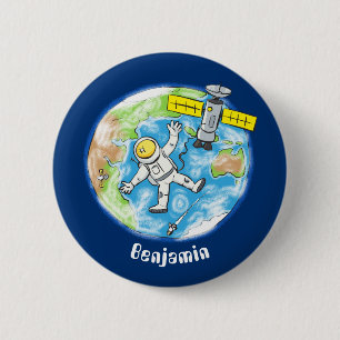 Funny astronaut in space and earth cartoon 2 inch round button